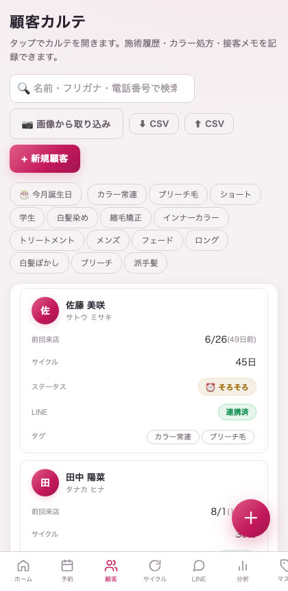 顧客カルテの画面